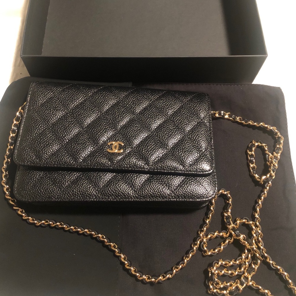 CHANEL caviar leather wallet on chain